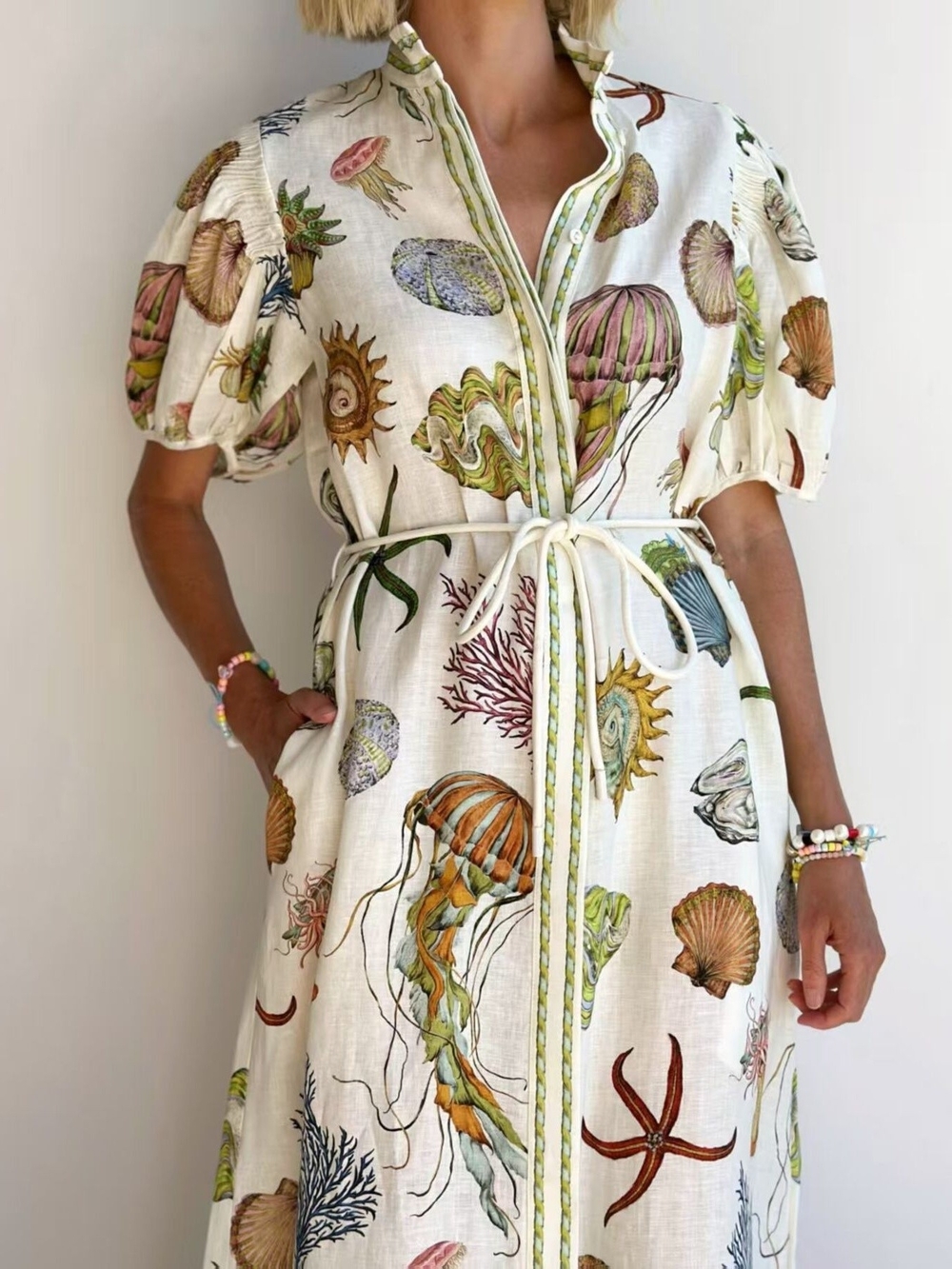 Seaside Linen Midi Dress with Jellyfish & Shell Print